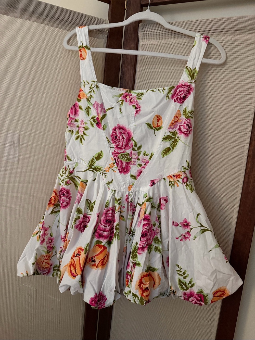 Olivaceous Chic Bubble Mini Dress White with Florals Sz L